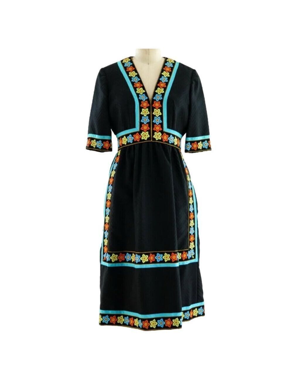Oscar De La Renta Vintage Boutique Floral Black Ribbion Trimmed Dress Size 6